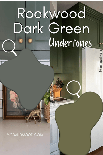 Sherwin Williams Rookwood Dark green's different undertones in two different pictures.