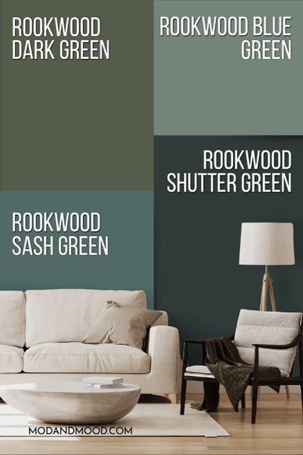 Sherwin Williams Rookwood Green colors compared: Rookwood shutter green, Rookwood dark green, Rookwood sash green, Rookwood blue green.