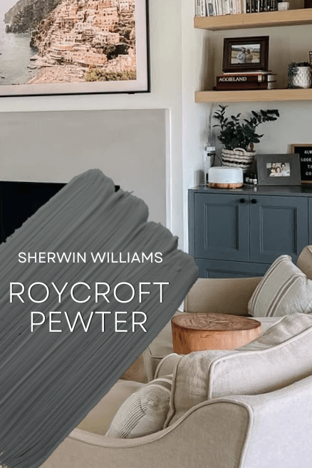 Sherwin Williams roycroft Pewter swatched over a photo of a white living room with Roycroft Pewter on cabinets.