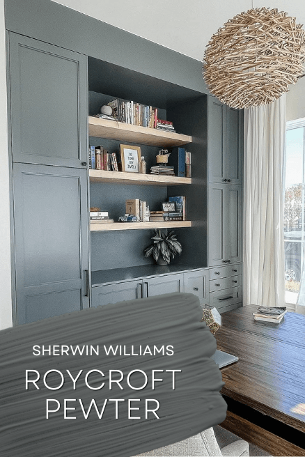 Sherwin Williams Roycroft Pewter on built in cabinets in a living room