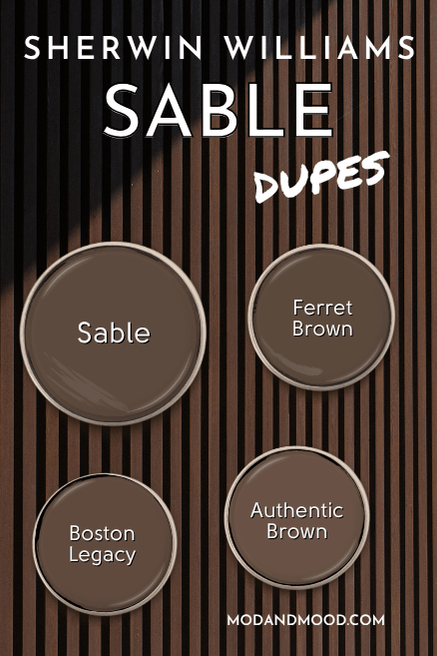 Sherwin Williams Sable swatched with dupes Boston Legacy, Authentic Brown, and Ferret Brown over a brown background.