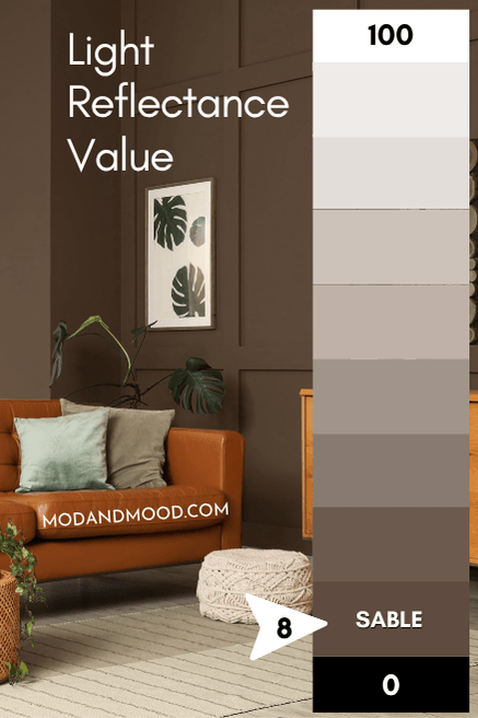 Sherwin Williams Sable marked at 8 on an LRV chart from 100 white to 0 black, over a photo of sable brown on a wall