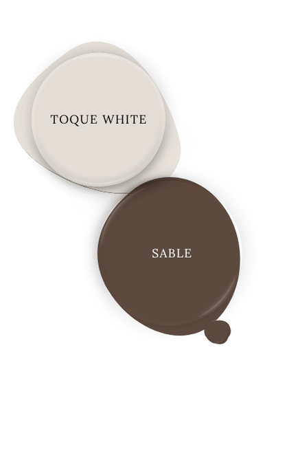 Sherwin Williams Sable swatched as a paint dot alongside the same of coordinating color Toque White.