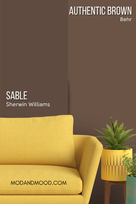 Behr Authentic Brown on half of a wall and sable on the other half behind a mustard sofa.