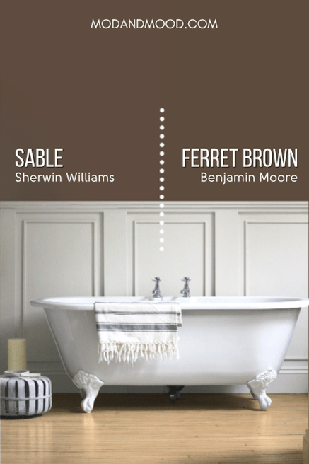Sherwin Williams Sable on half of a wall and benjamin moore dupe on the other half behind light gray wainscoting and a bathtub.