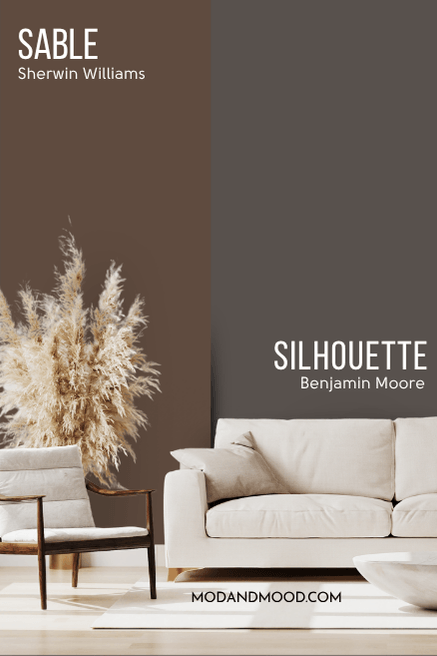Sherwin Williams Sable on half of a wall and Benjamin moore Silhouette on the other half