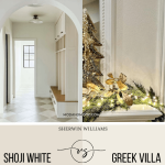 Sherwin Williams Shoji white vs Greek Villa. Both colors swatched below photos of each.
