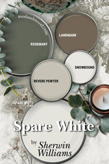 Sherwin Williams Spare White in a color palette with Rosemary, Revere Pewter, Snowbound, and Landmark over a background of leaves and flowers.
