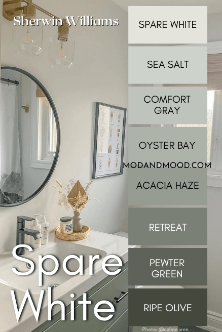 Sherwin Williams Spare White color strip features colors from light to dark: Spare White, Sea Salt, Comfort Gray, Oyster Bay, Scacia Haze, Retreat, Pewter Green, and Ripe olive over a background of Spare white on bathroom walls with a retreat vanity.