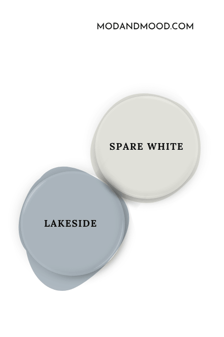 Sherwin Williams Spare White swatched as a paint dot beside the same of complementary color Lakeside