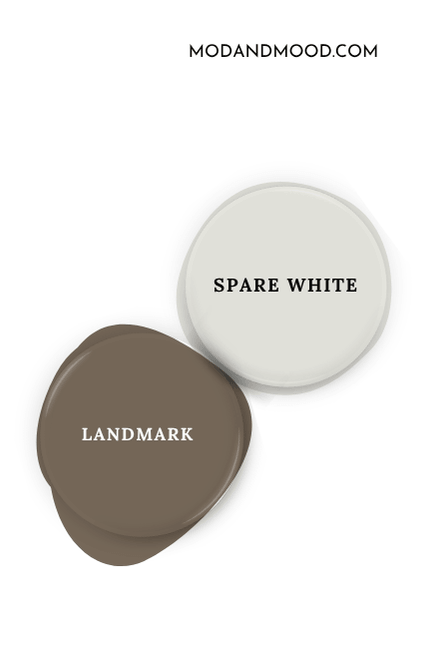 Sherwin Williams Spare White swatched as a paint dot beside the same of coordinating color Landmark