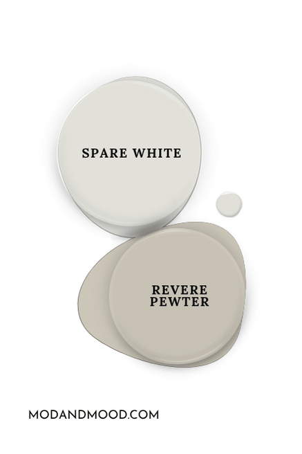 Sherwin Williams Spare White swatched as a paint dot beside the same of coordinating color Benjamin Moore revere pewter