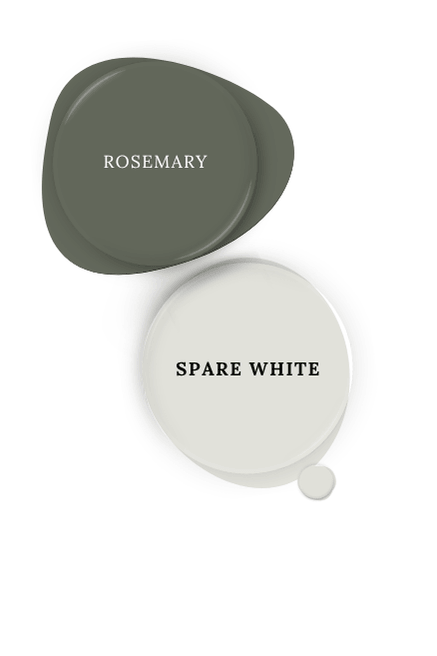 Sherwin Williams Spare White swatched as a paint dot beside the same of coordinating color Rosemary