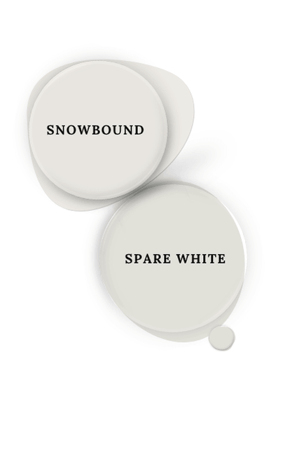 Sherwin Williams Spare White swatched as a paint dot beside the same of coordinating color Snowbound