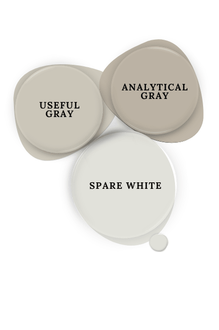 Sherwin Williams Spare White swatched as a paint dot beside the same of coordinating colors Useful Gray and Analytical Gray