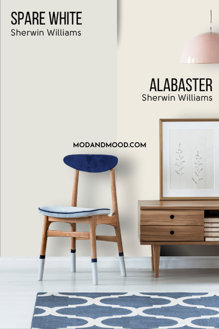 Sherwin Williams Spare White on one half of a wall and Alabaster on the other half behind a wood chair and hall table.