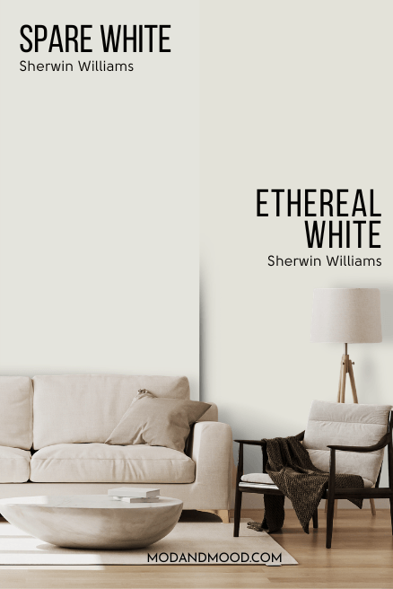 Sherwin Williams Spare White on one half of a wall and Ethereal White on the other half behind  a beige sofa.