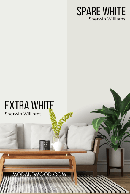 Sherwin Williams Spare White on one half of a wall and Extra White on the other half behind a white sofa and a plant.