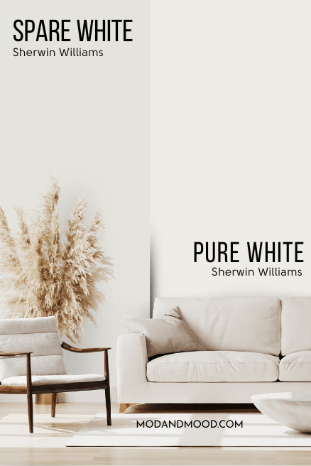 Sherwin Williams Spare White on one half of a wall and Pure White on the other half behind a cream sofa.
