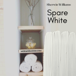 Sherwin Williams Spare white swatched over a photo of the color on walls with wood shelves in a bathroom