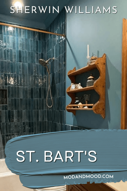 Closeup of Sherwin Williams St. Barts in a bathroom with matching tile in the shower