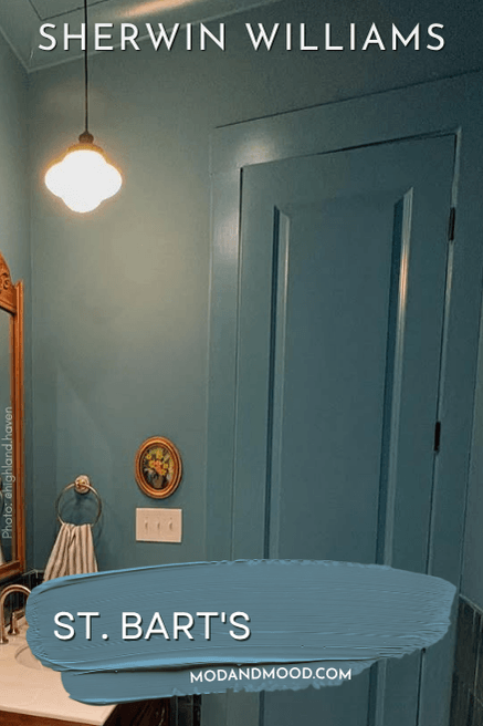 Sherwin Williams St. Barts swatched over a closeup of the color in a bathroom