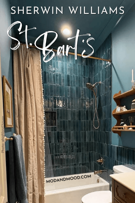 Sherwin Williams St. Bart's on walls and ceiling in a bathroom with matching teal tile.