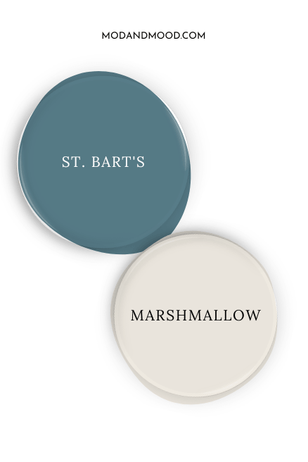 Paint dot of Sherwin Williams St. Bart's beside the same of coordinating color Sherwin Williams Marshmallow