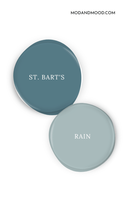 Paint dot of Sherwin Williams St. Bart's beside the same of coordinating color Sherwin Williams Rain