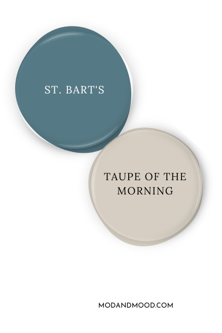 Paint dot of Sherwin Williams St. Bart's beside the same of coordinating color Sherwin Williams Taupe of the Morning.