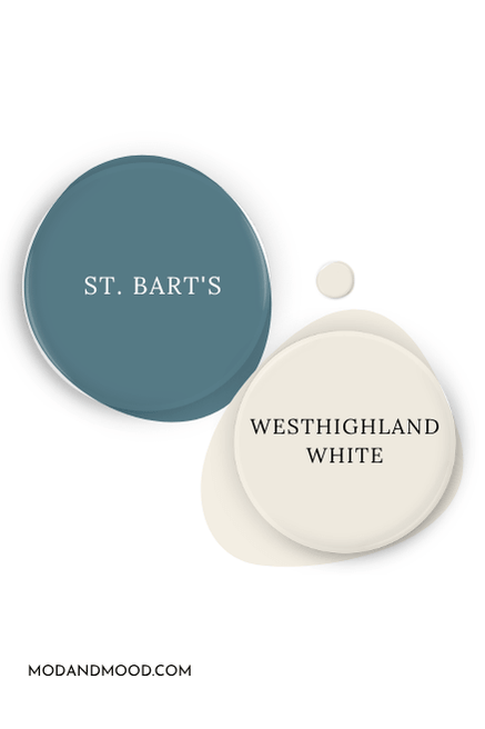 Paint dot of Sherwin Williams St. Bart's beside the same of coordinating color Westhighland White