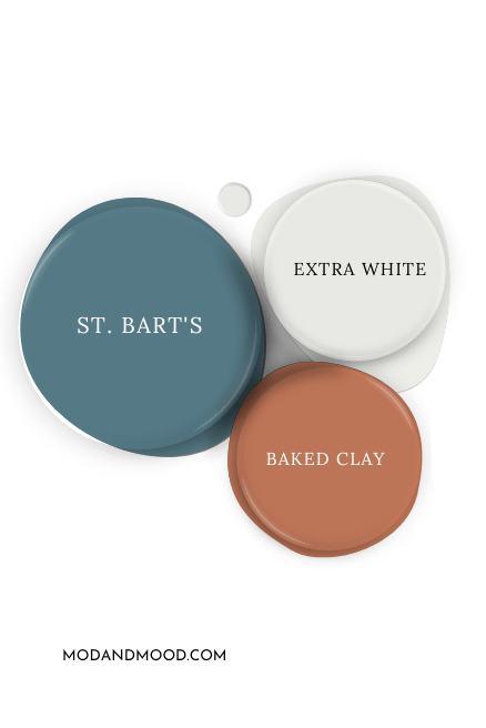 Paint dot of Sherwin Williams St. Bart's beside the same of coordinating colors Sherwin Williams Baked Clay, and Extra White