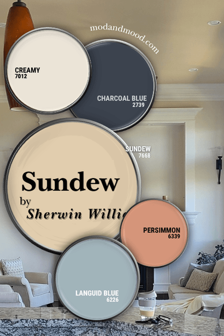 Sherwin Williams Sundew in a color palette with coordinating colors Creamy, Charcoal Blue, Persimmon, and Languid Blue, over a photo of the color on a ceiling in a living room.
