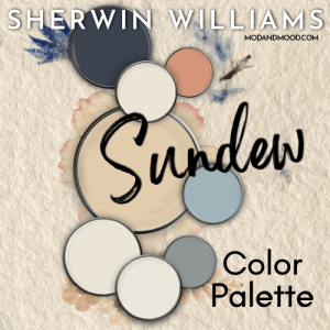Sherwin Williams Sundew in a color palette with 7 coordinating colors over a handmade paper and dried flower background.