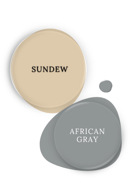 Paint dot of Sherwin Williams Sundew swatched beside a paint dot of coordinating color African Gray.