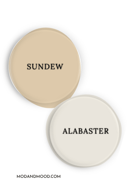 Paint dot of Sherwin Williams Sundew swatched beside a paint dot of coordinating color Alabaster.