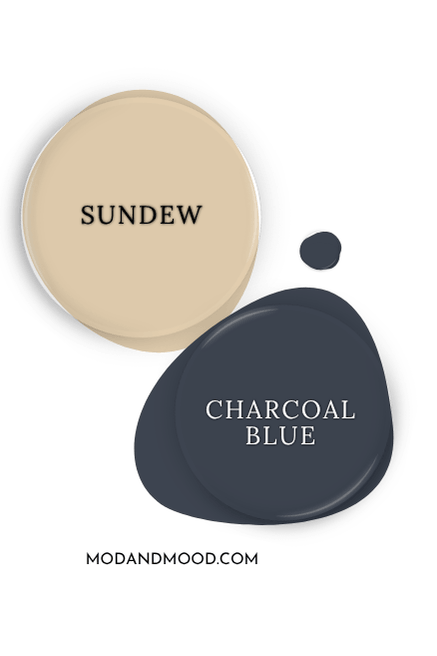 Paint dot of Sherwin Williams Sundew swatched beside a paint dot of coordinating color Charcoal Blue.