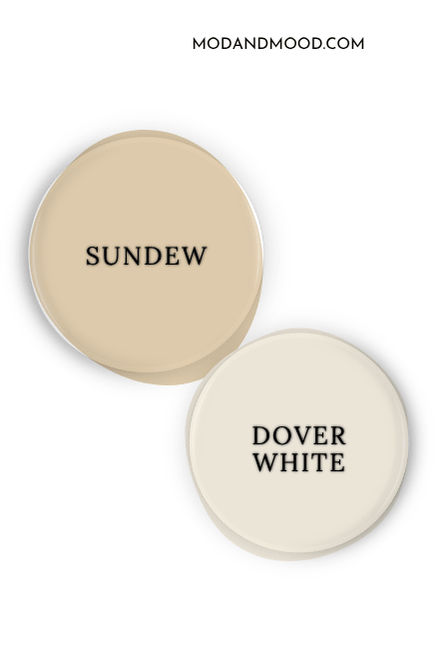 Paint dot of Sherwin Williams Sundew swatched beside a paint dot of coordinating color Dover White.