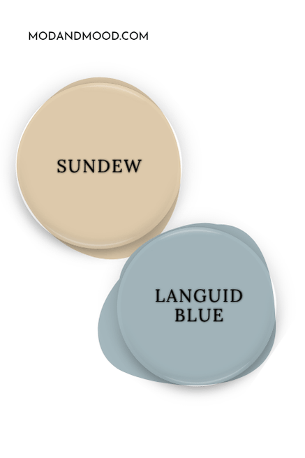 Paint dot of Sherwin Williams Sundew swatched beside a paint dot of coordinating color Languid Blue.