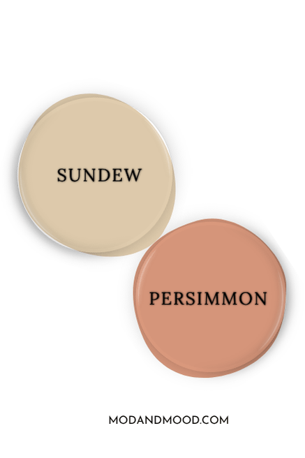 Paint dot of Sherwin Williams Sundew swatched beside a paint dot of coordinating color Persimmon.