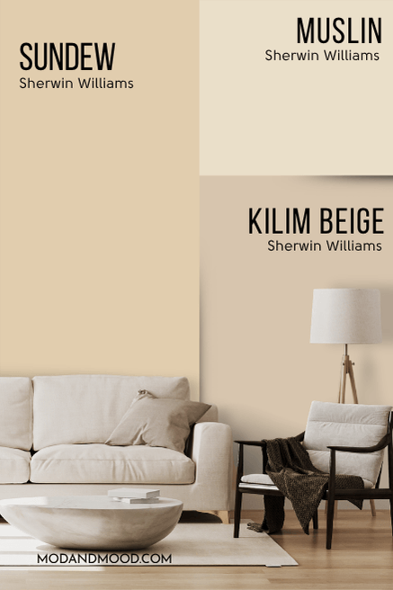 Sherwin Williams Sundew on one half of a wall and Muslin and Kilim Beige on the other half.
