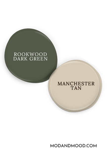 Sherwin Williams Rookwood Dark green swatched as a paint dot beside coordinating color Manchester tan