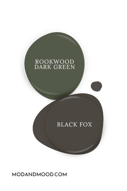 Sherwin Williams Rookwood Dark green swatched as a paint dot beside coordinating color Black Fox