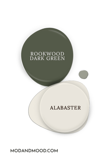 Sherwin Williams Rokkwood Dark green swatched as a paint dot beside coordinating color Alabaster