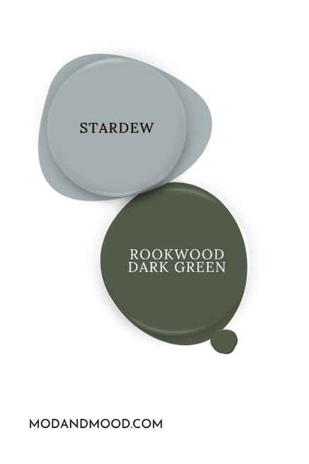 Sherwin Williams Rookwood Dark green swatched as a paint dot beside coordinating color Stardew