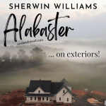Graphic reads "Sherwin Williams Alabaster on exteriors" with a photo of an alabaster exterior on a misty morning.