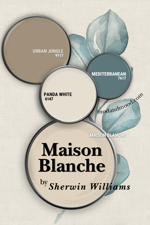 Sherwin Williams' recommended color palette features maison blanche, panda white, Mediterranean, and Urban Jungle over a painted linen background
