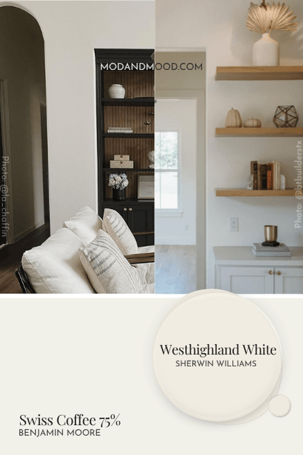 Swatch of Benjamin Moore Swiss Coffee at 75% with a paint dot over top of Westhighland White below a picture of each color.