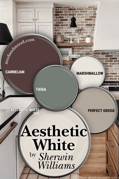 Sherwin Williams Aesthetic White color palette features Carnelian, Taiga, Marshmallow, and Perfect greige over a background of the color in a kitchen.