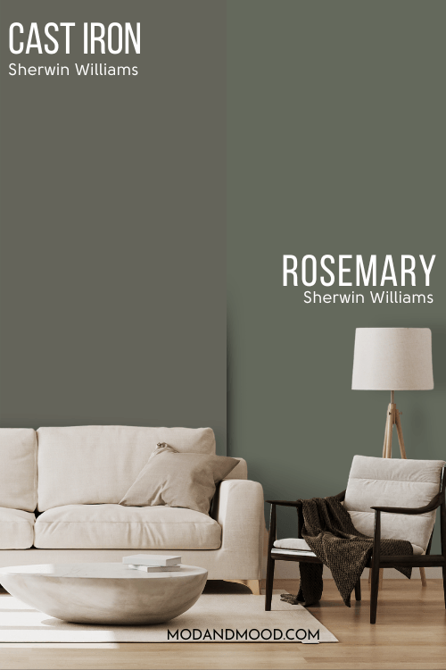 Sherwin Williams Cast Iron on half of a wall and Sherwin Williams Rosemary on the other half behind a light beige sofa